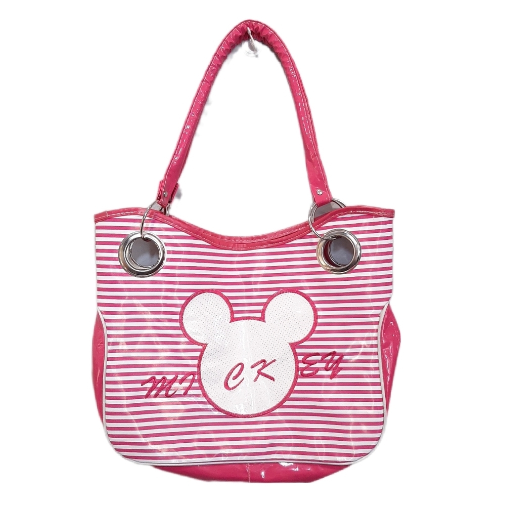 Y2K Mickey Mouse Candy Stripe Purse Vinyl Shoulder Travel Disneyland Pink White